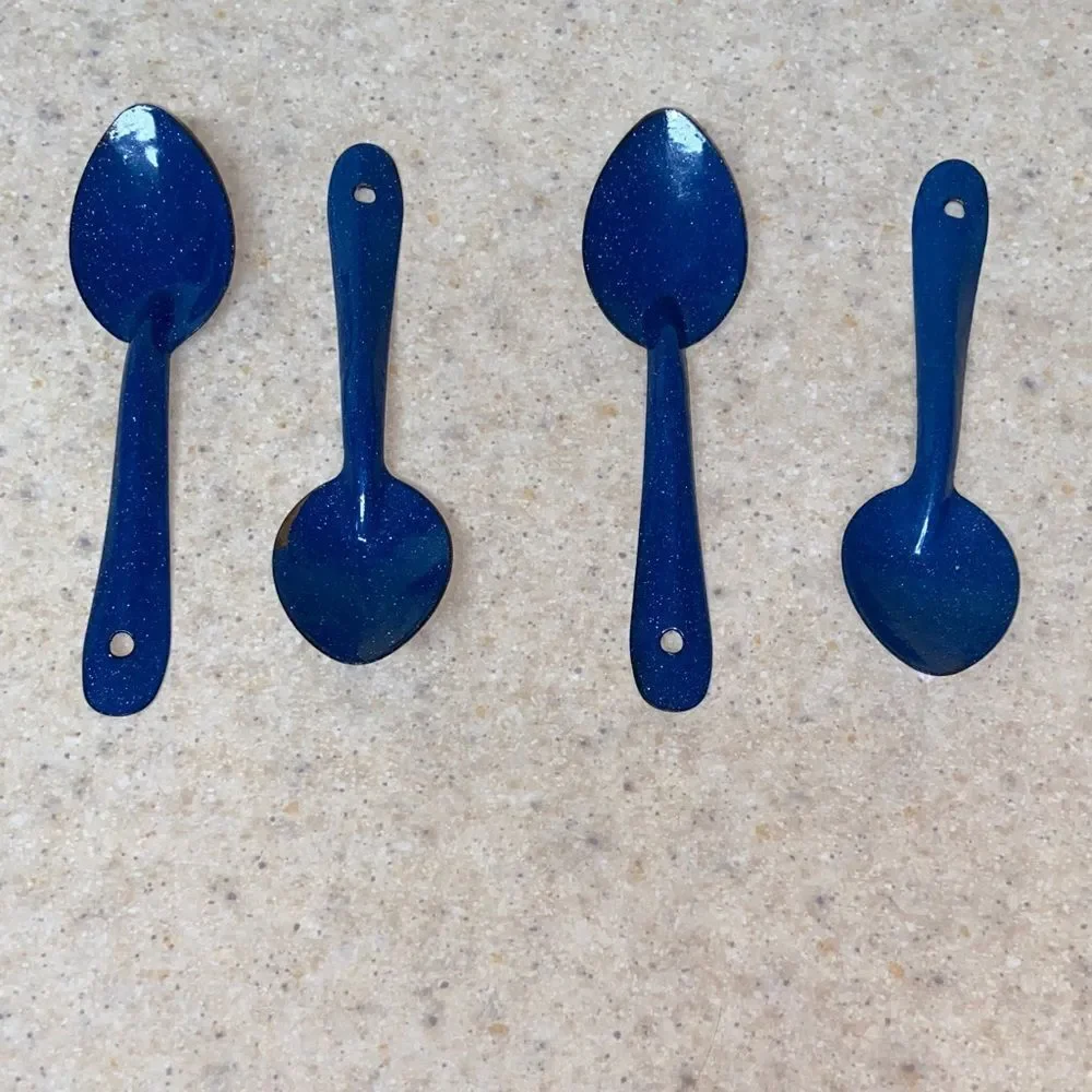 VTG, Enamel Deep Blue And White Speckled Granitewear Metal Serving Spoon Set 4